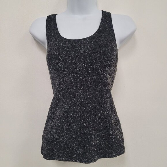 Ivory Tops - Vintage Ivory Womens Sparkle Y2K Disco Top Size M Scoop Neck Sleeveless Stretch